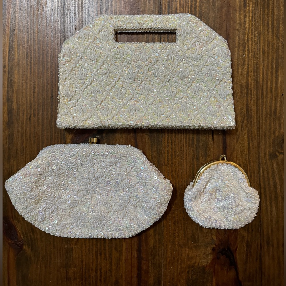 Walborg White Beaded Clutch and Wristlet Set